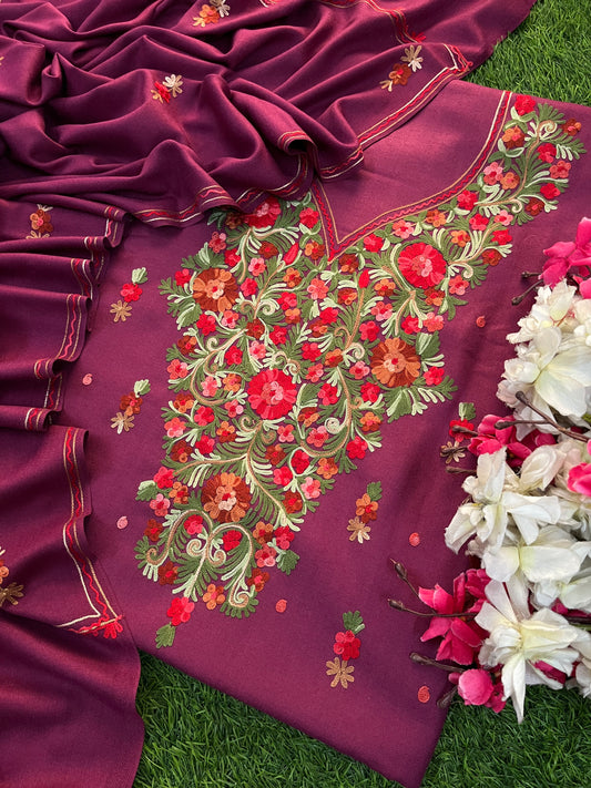 Wine Woollen Aari Embroidered 3pc suit