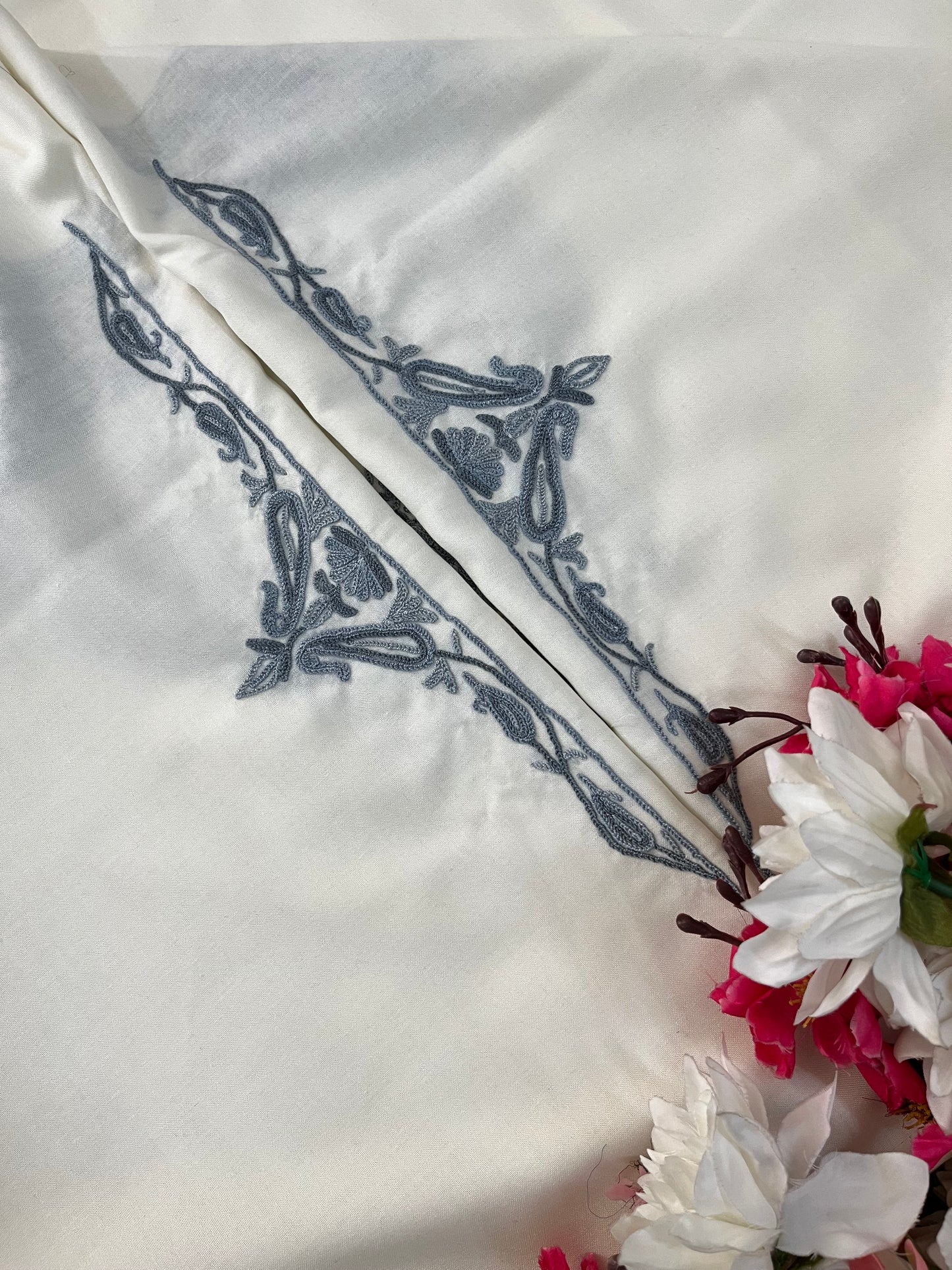 Off White Cotton Two Piece Suit (Hand Embroidered)