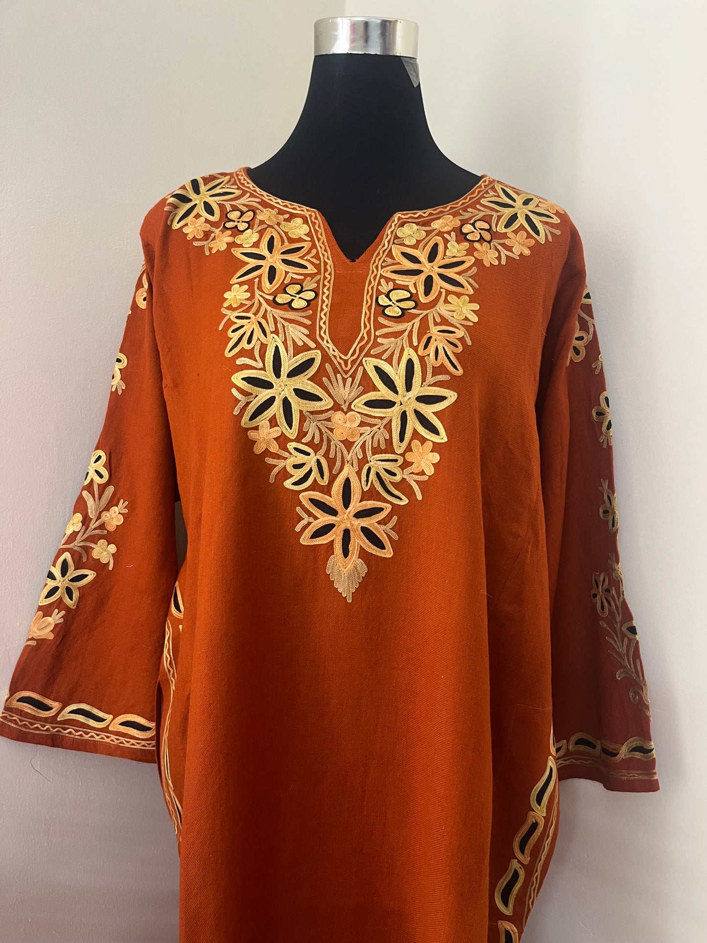 Rust Orange Aari Embroidered Wool Pheran