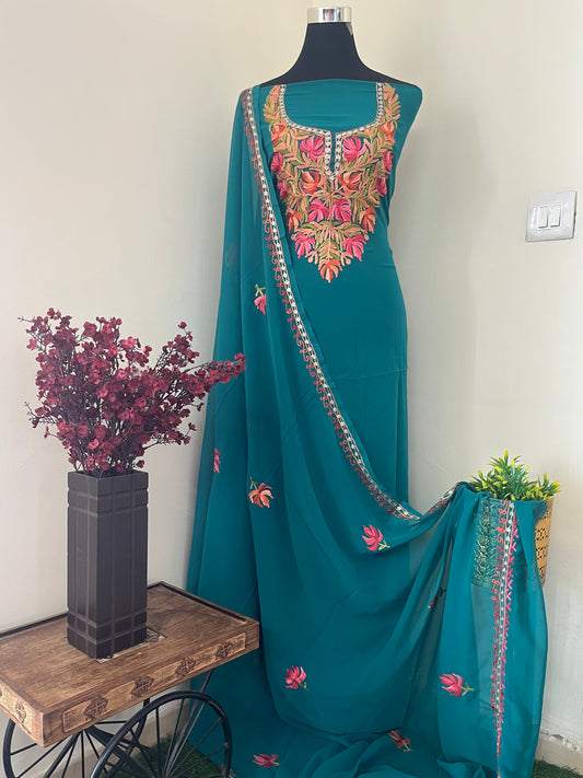 Bottle Green Georgette Shirt and Dupatta Aari Embroidered Suit