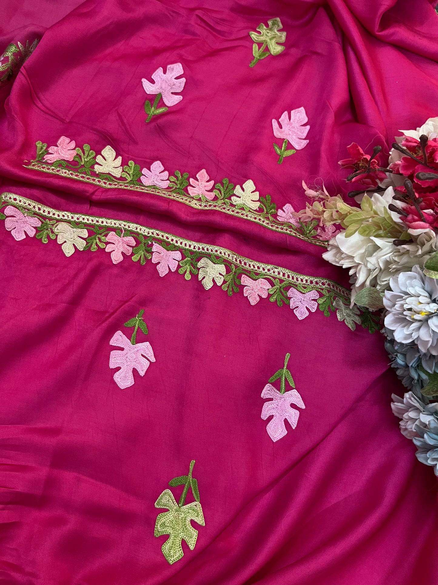 Hot Pink Satin Cotton Kashmiri Suit