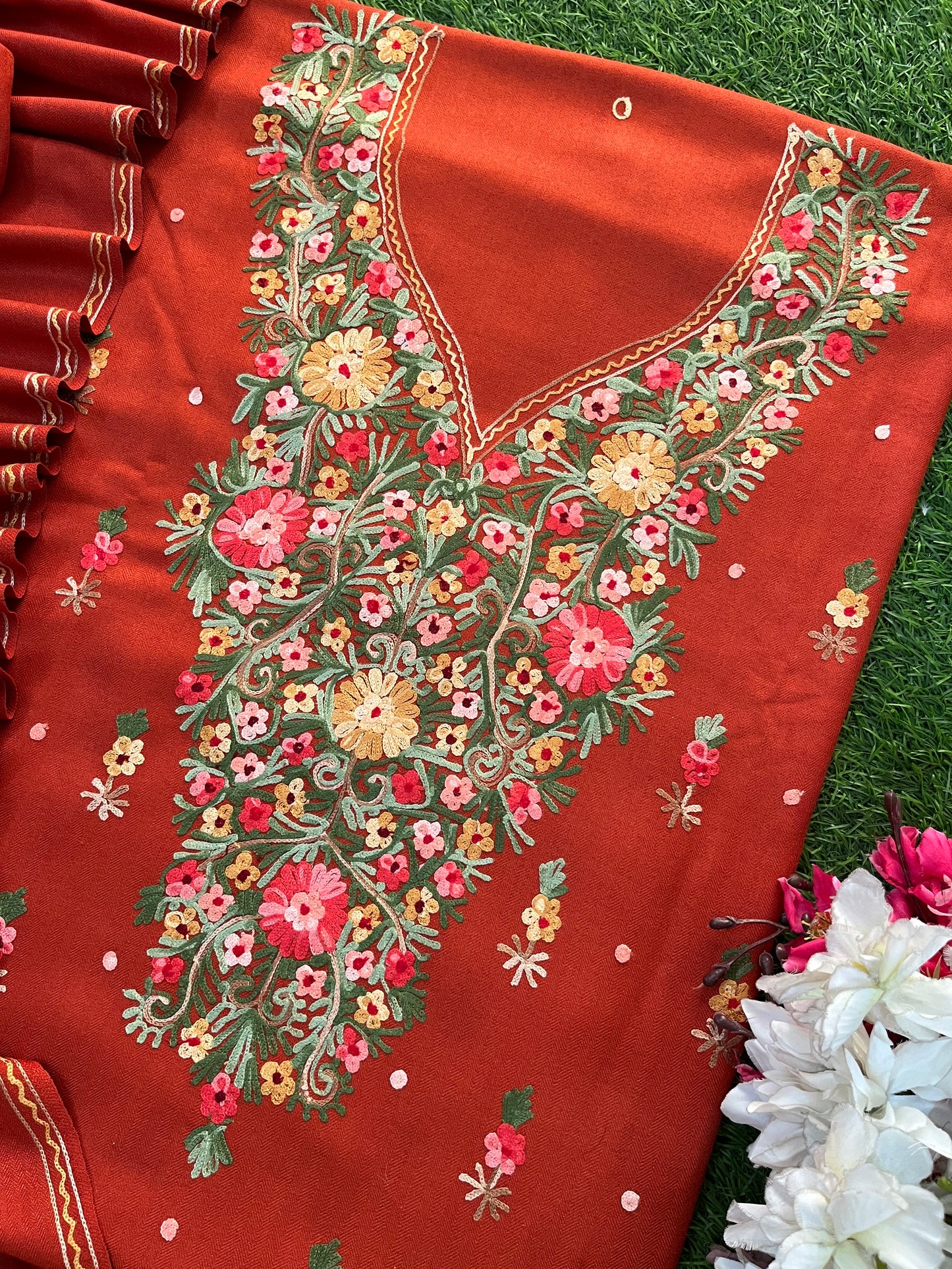 Rust Orange Woollen Aari Embroidered 3pc suit