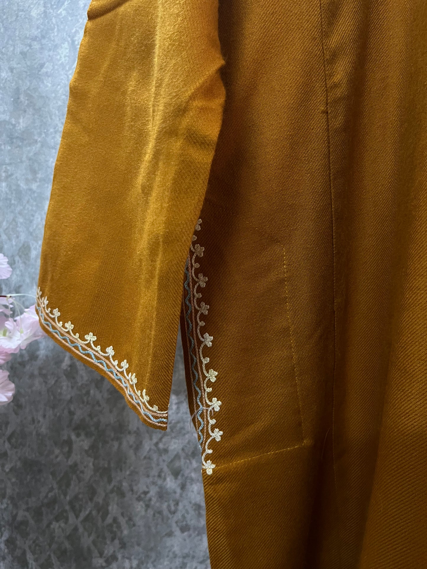 Mustard Yellow Aari Embroidered Wool Pheran