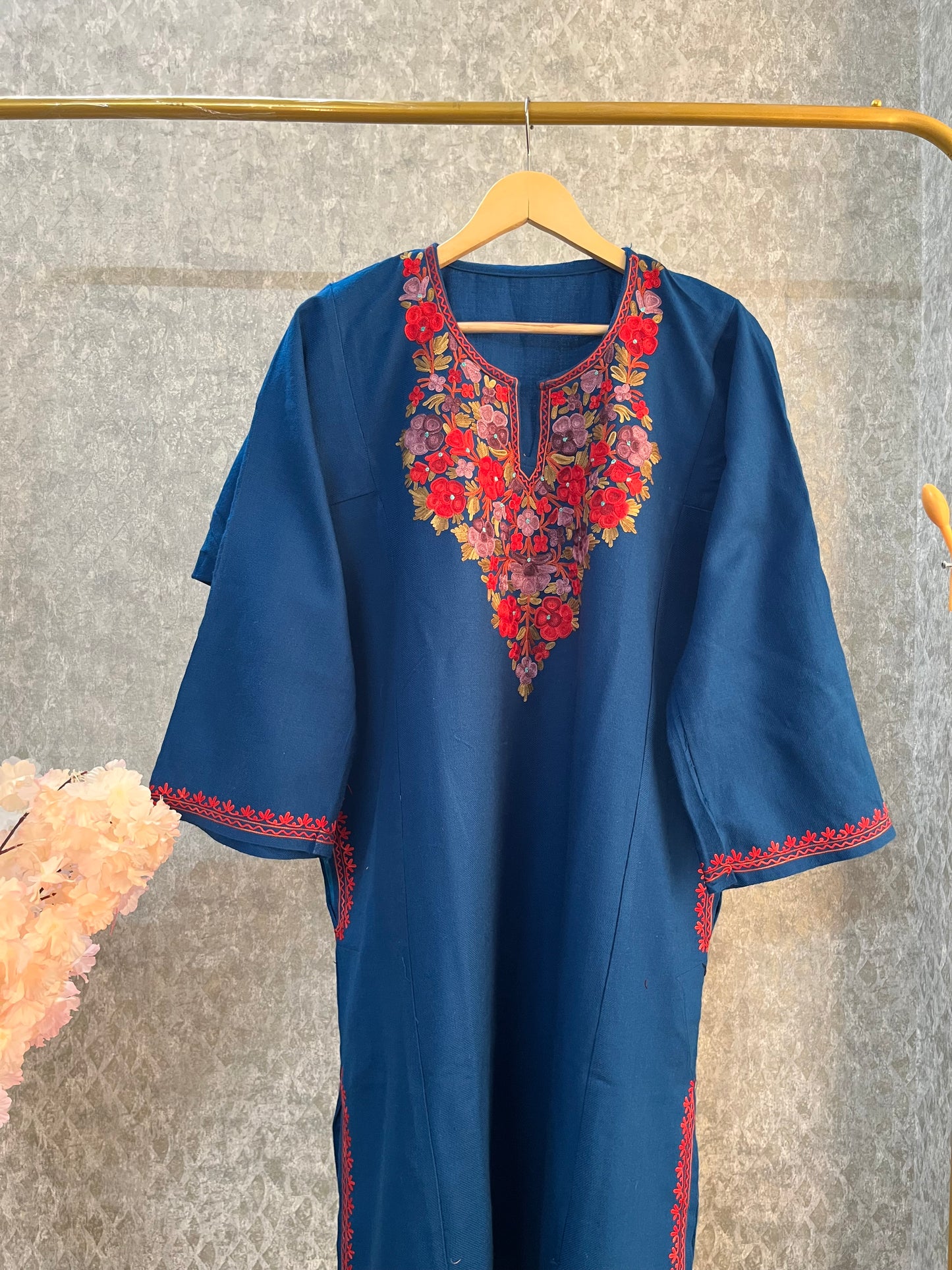 Peacock Blue Aari Embroidered Wool Pheran