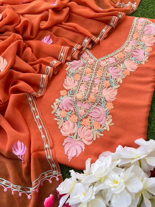 Orange Muslin Cotton Aari Embroidered 3pc set