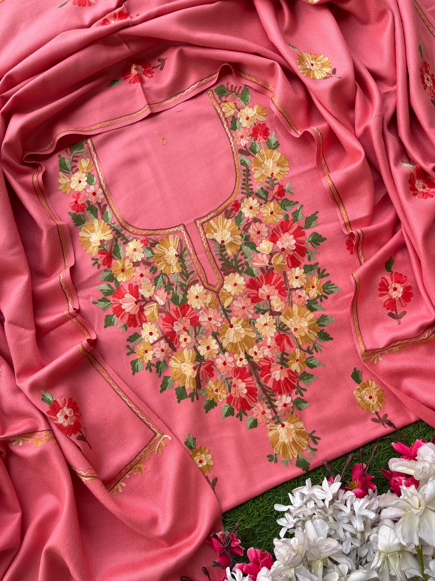 Pink Woollen Aari Embroidered 3pc suit