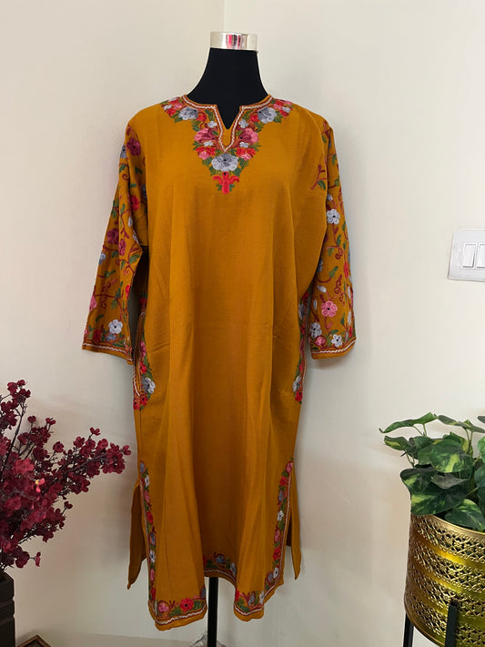 Mustard Aari Embroidered Wool Pheran