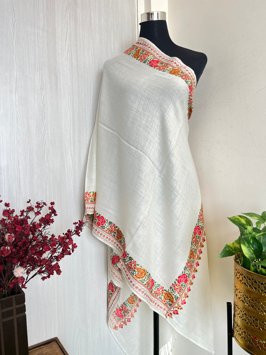 Cream Silk Thread Border Embroidered Fine Semi Pashmina stole