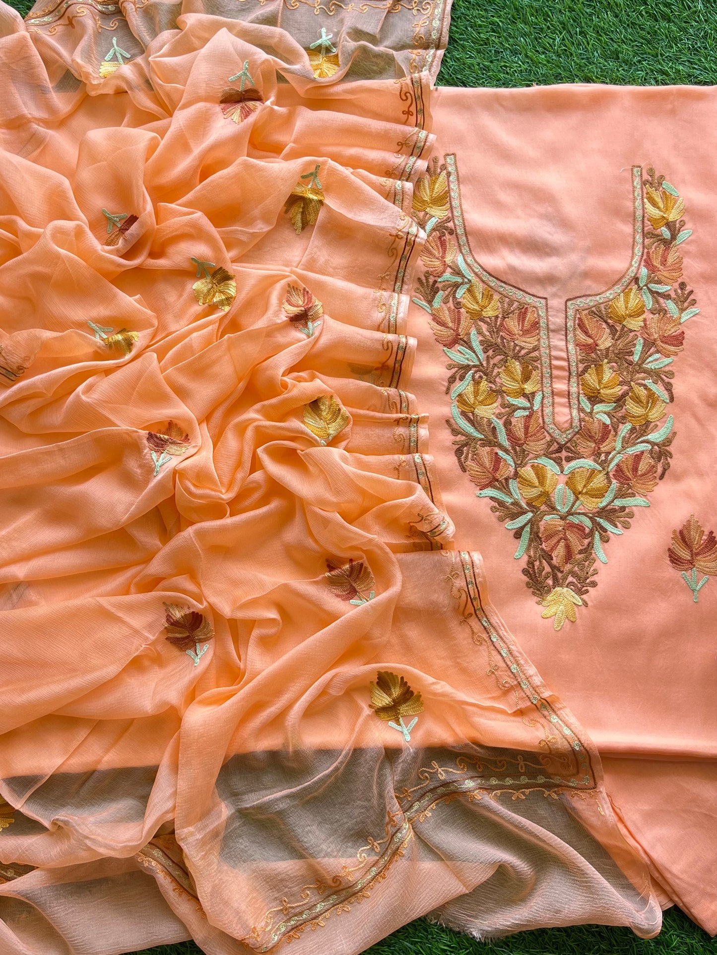 Peach Muslin Cotton Aari Embroidered 3pc set