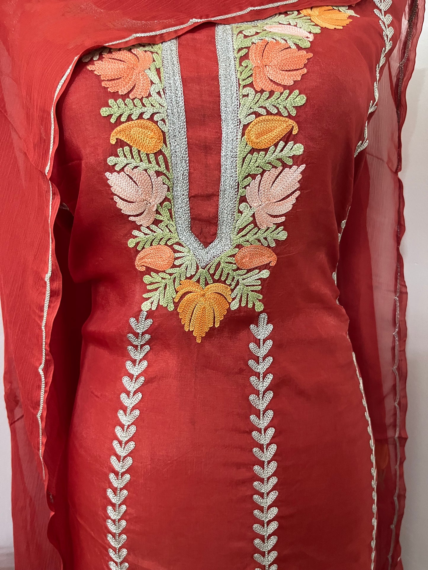 Sanam’ Rust Silk Aari Embroidered Suit material