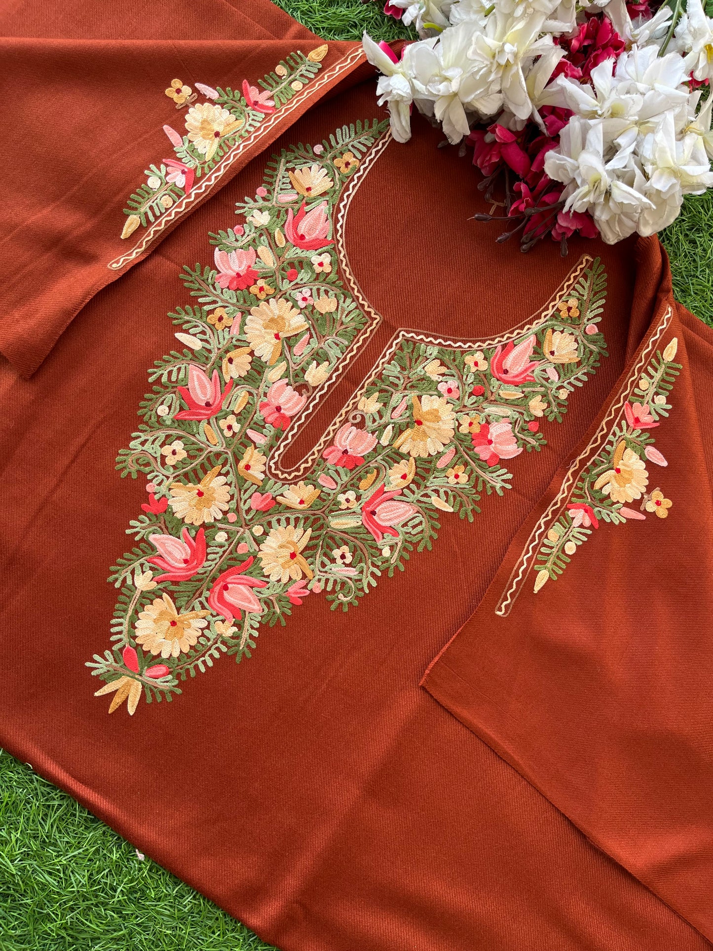 Rust Orange Woollen Aari Embroidered 2pc suit 5mtr