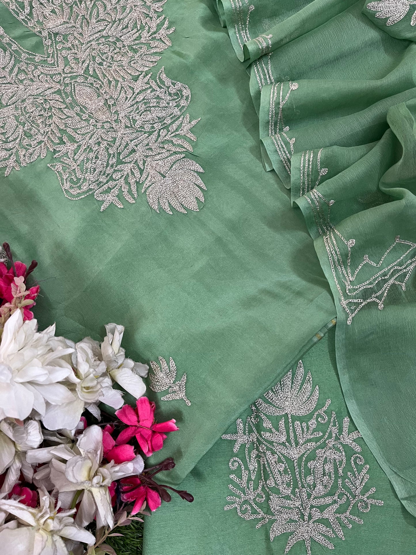 Pastel Green Silk Tilla Kashmiri Suit