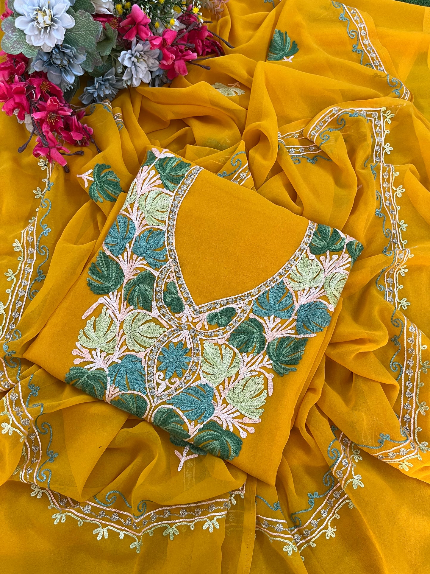 Mustard Georgette 3 Pc Aari Embroidered Suit Set