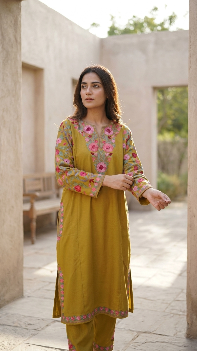 Green Cotton Arm Jaal Pheran Set