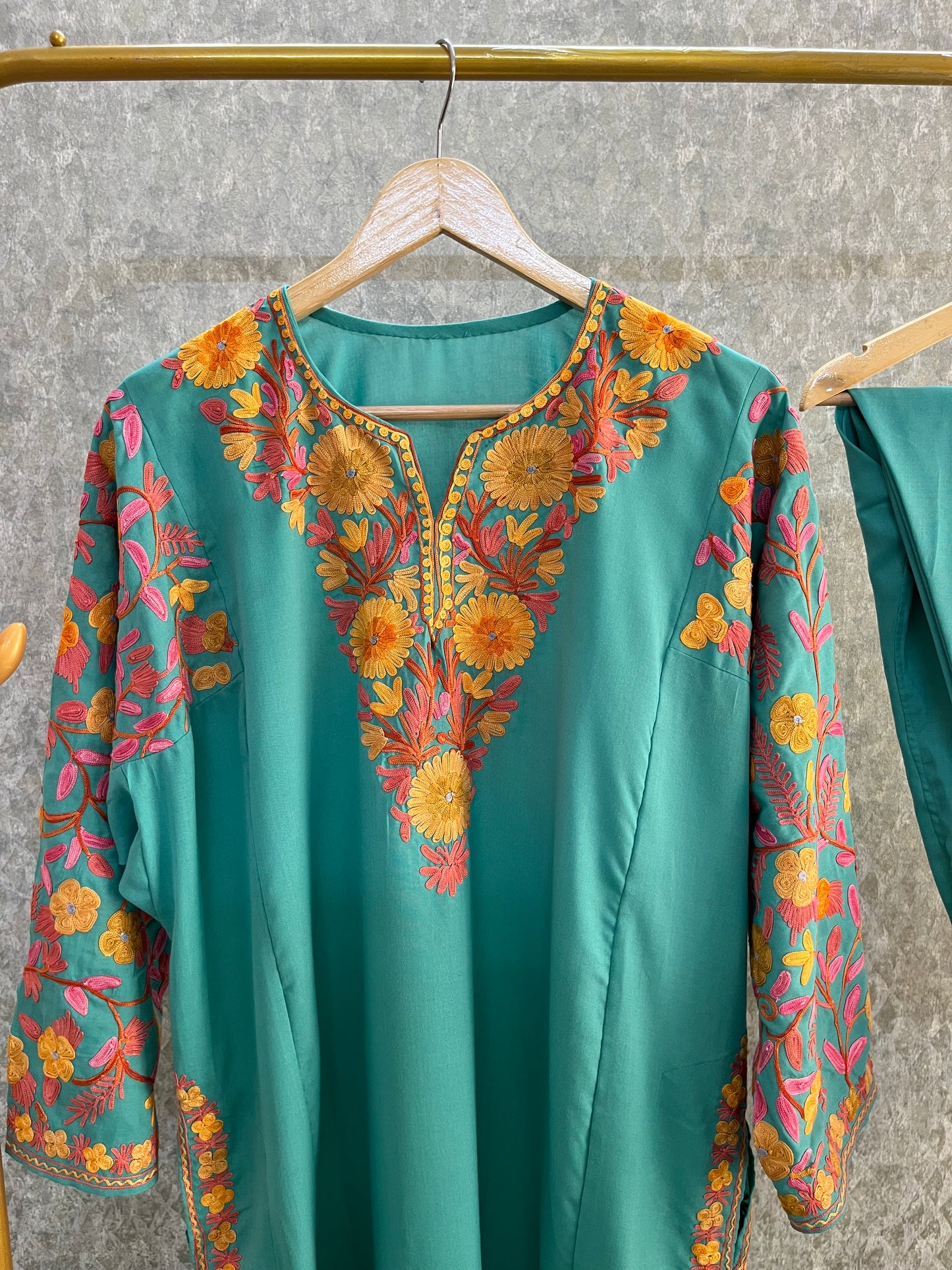 Sea Green Cotton Arm Jaal Pheran Set