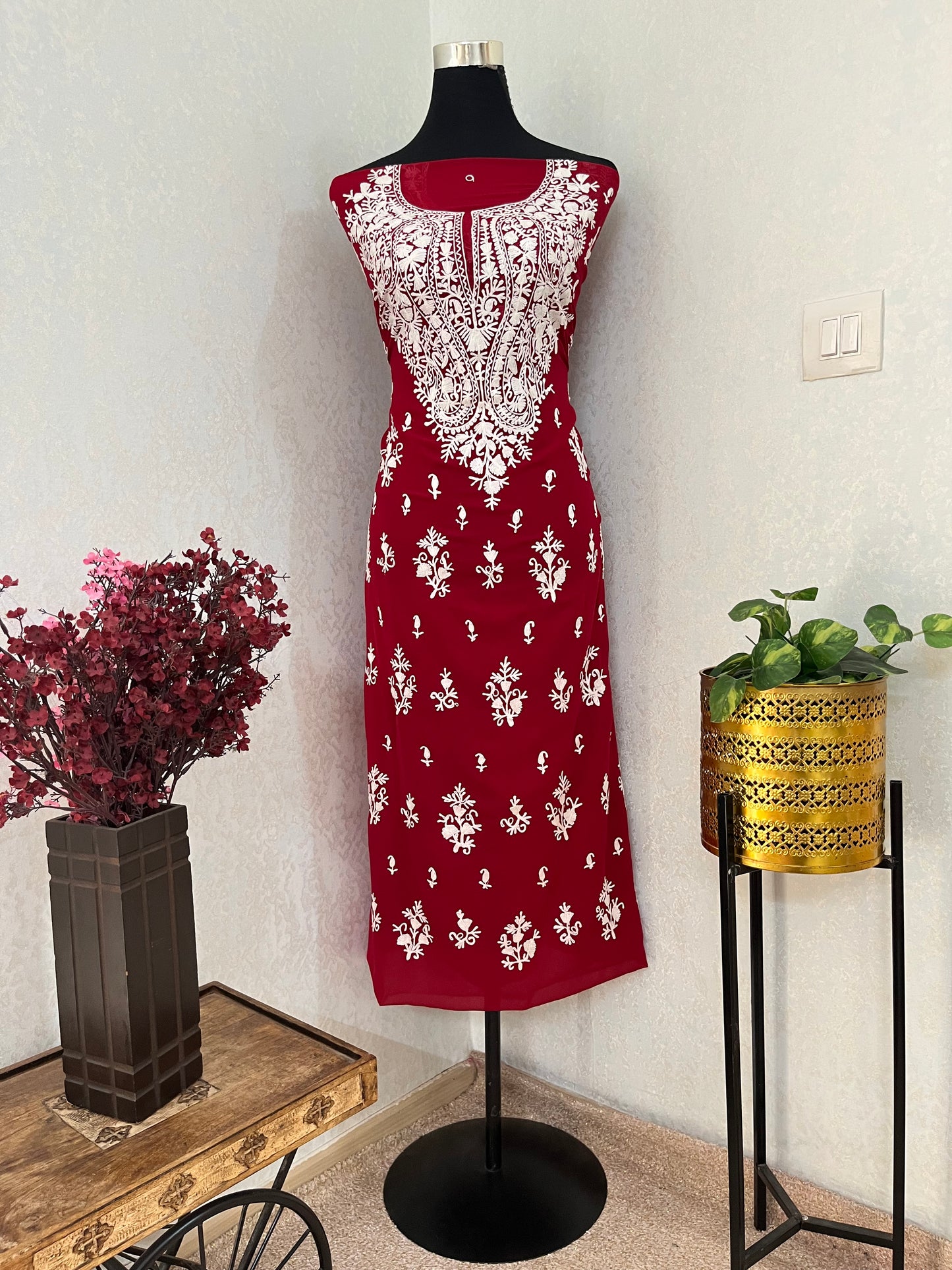 Maroon Georgette Kashmiri Unstitched Kurta Material