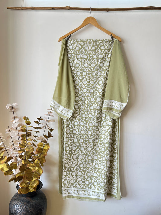 Georgette Green Jaal Work Aari Embroidered Semistitched Kurta Material