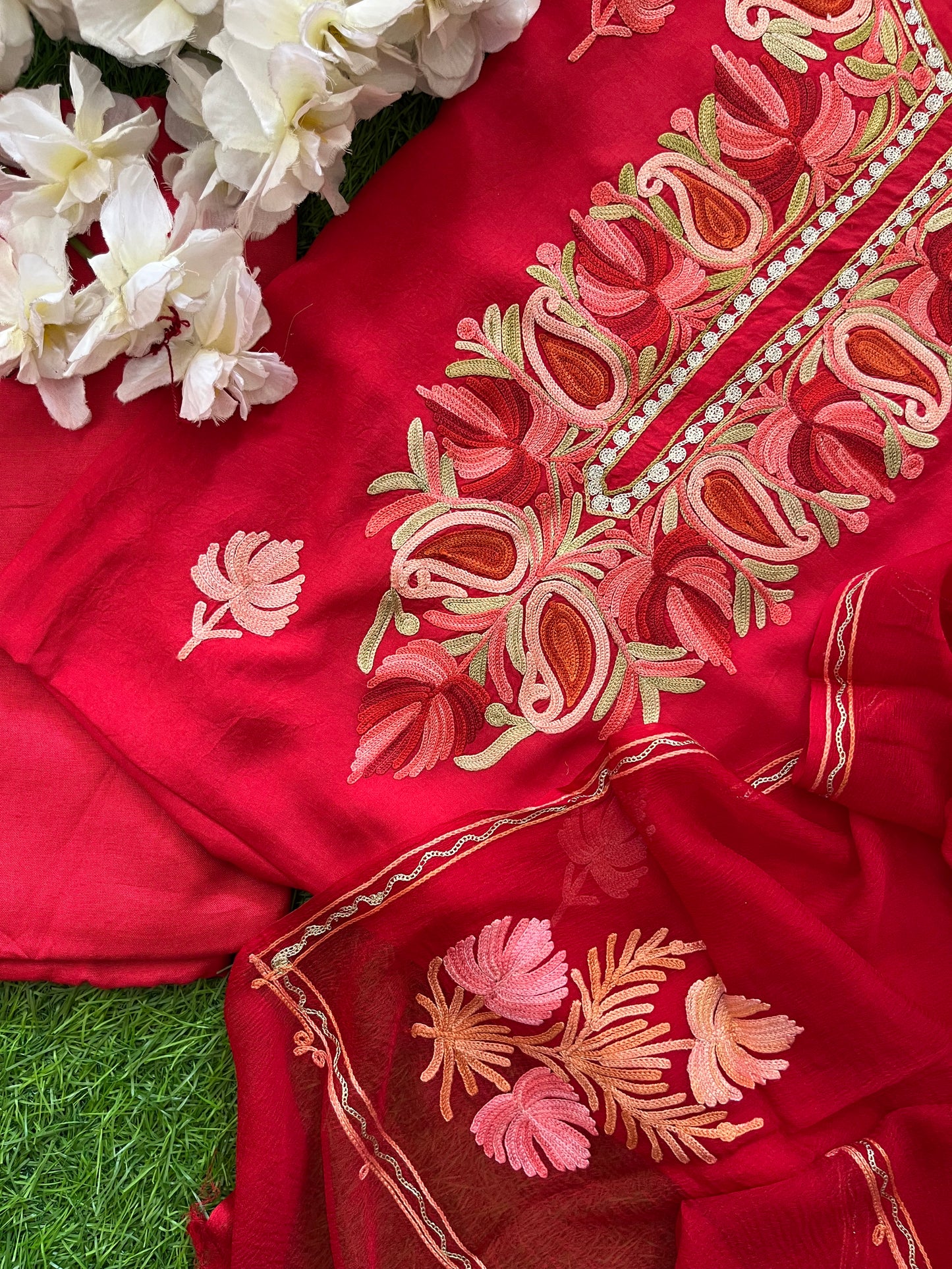 Red Opada Silk Aari Embroidered Suit material