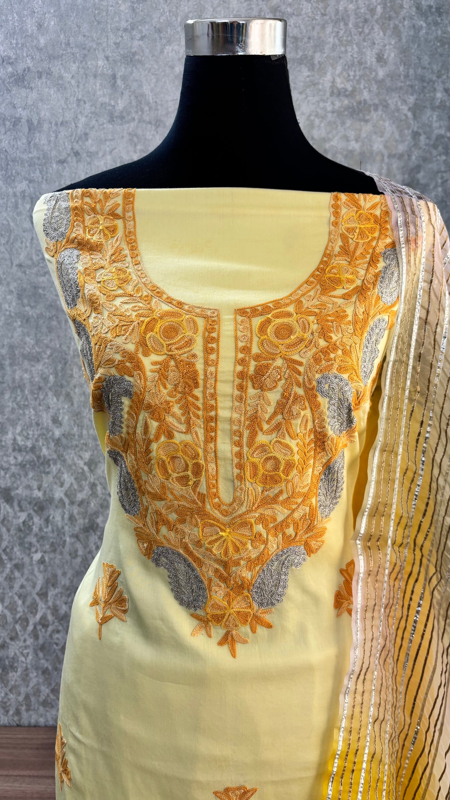 Lemon Yellow Satin Cotton Kashmiri Suit
