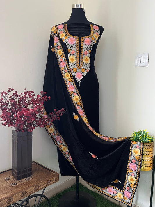 Black Aari Embroidered Velvet 2pc Suit Material