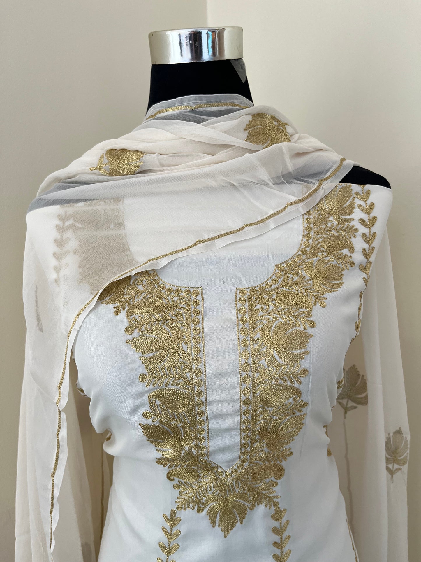 Sanam’ Ivory White Silk Tilla Embroidered Suit material