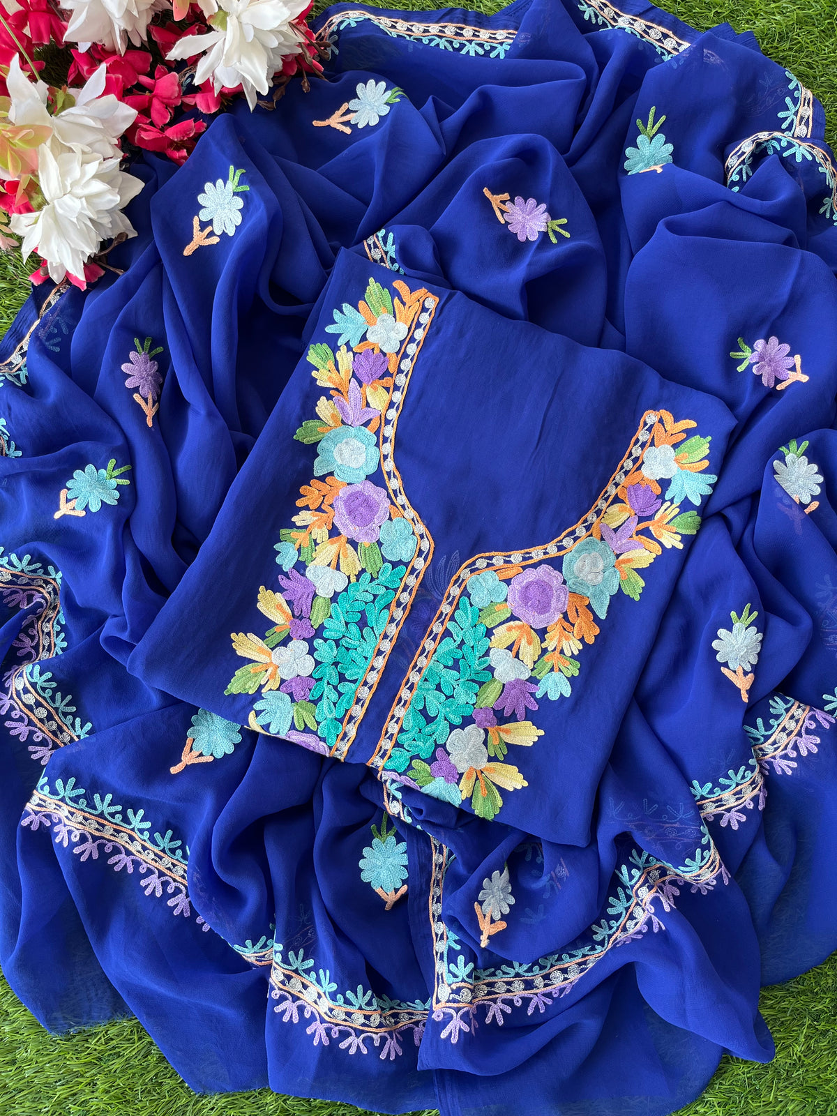 Georgette Electric Blue Aari Embroidered Suit set