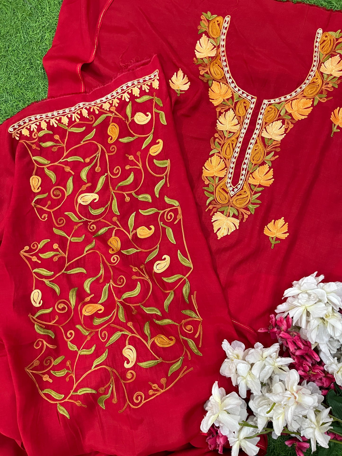 Red Muslin Cotton Jaal Sleeves Kashmiri 3pc Suit