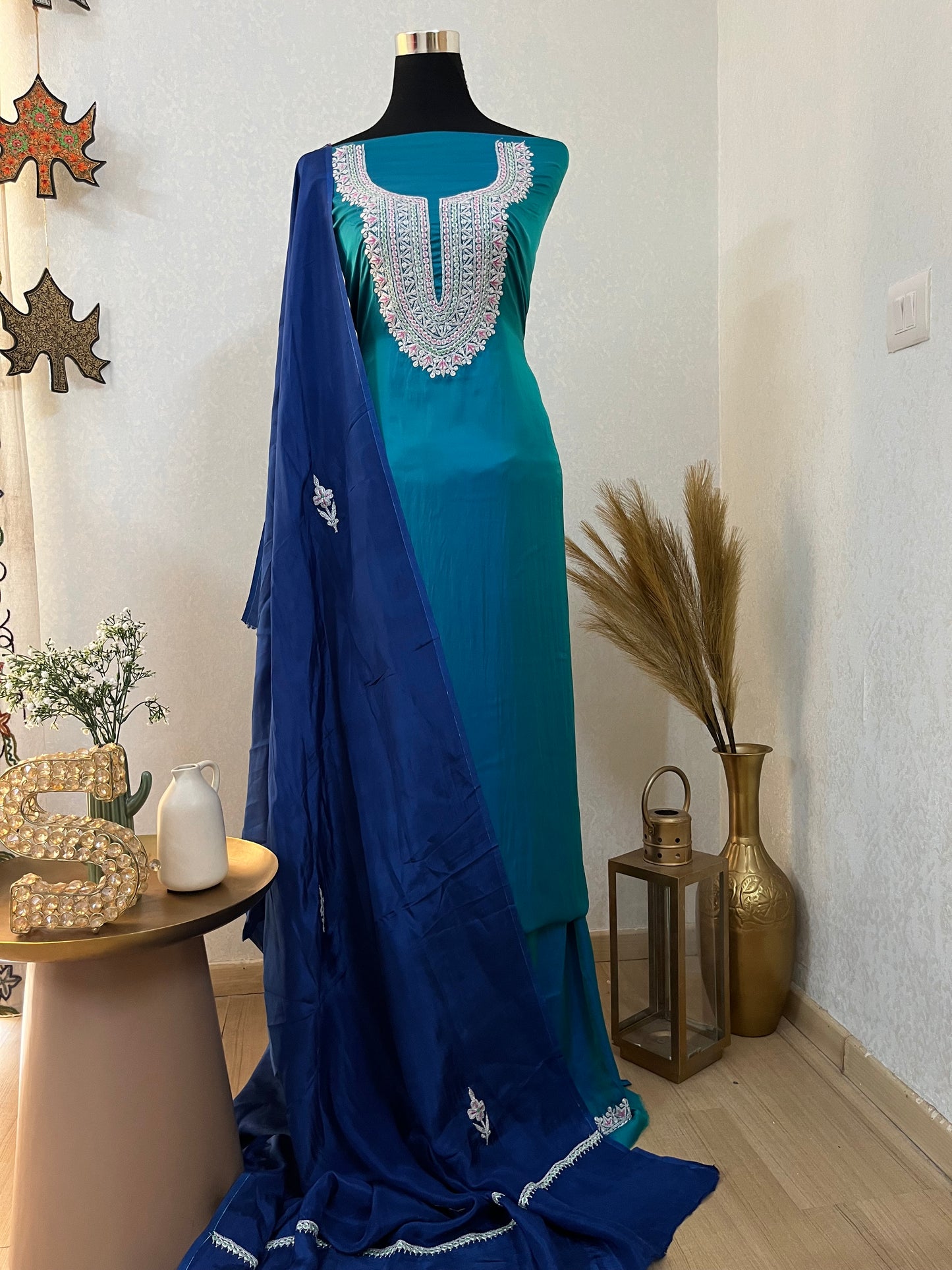 Firozi Silk Puff Tilla Embroidered Suit