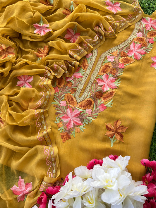 Mustard Opada Silk Aari Embroidered Suit material