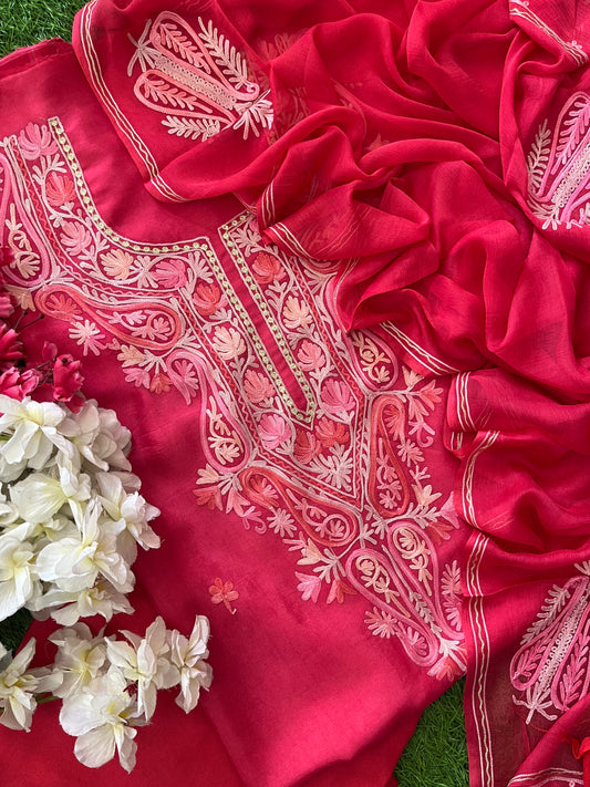 Carrot Pink Opada Silk Aari Embroidered Suit material