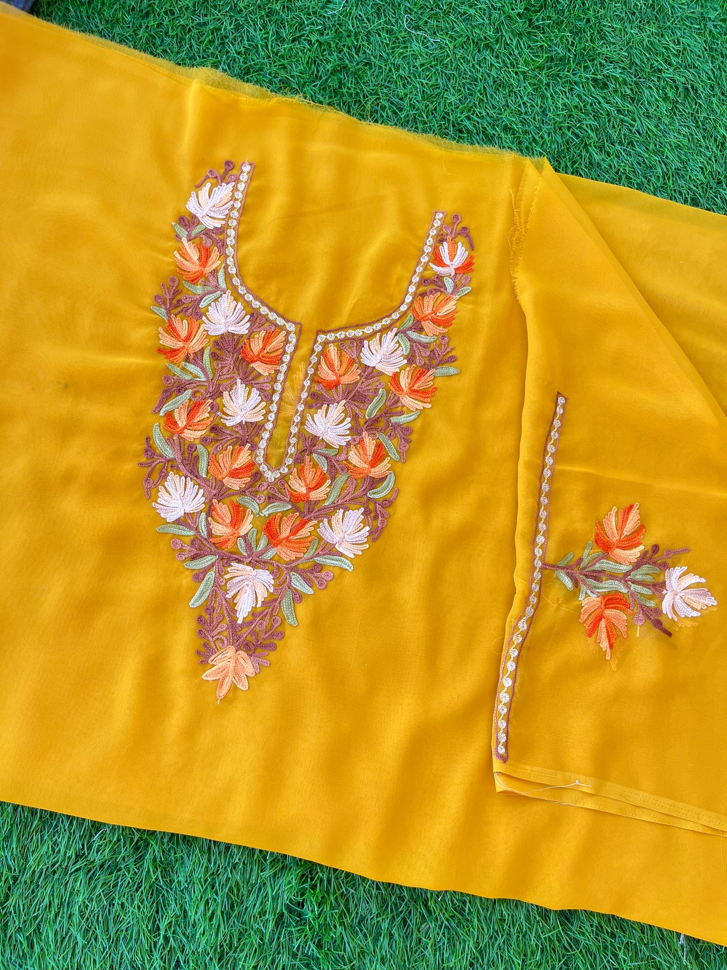 Mustard Georgette Aari Embroidered Unstitched Kurta Material