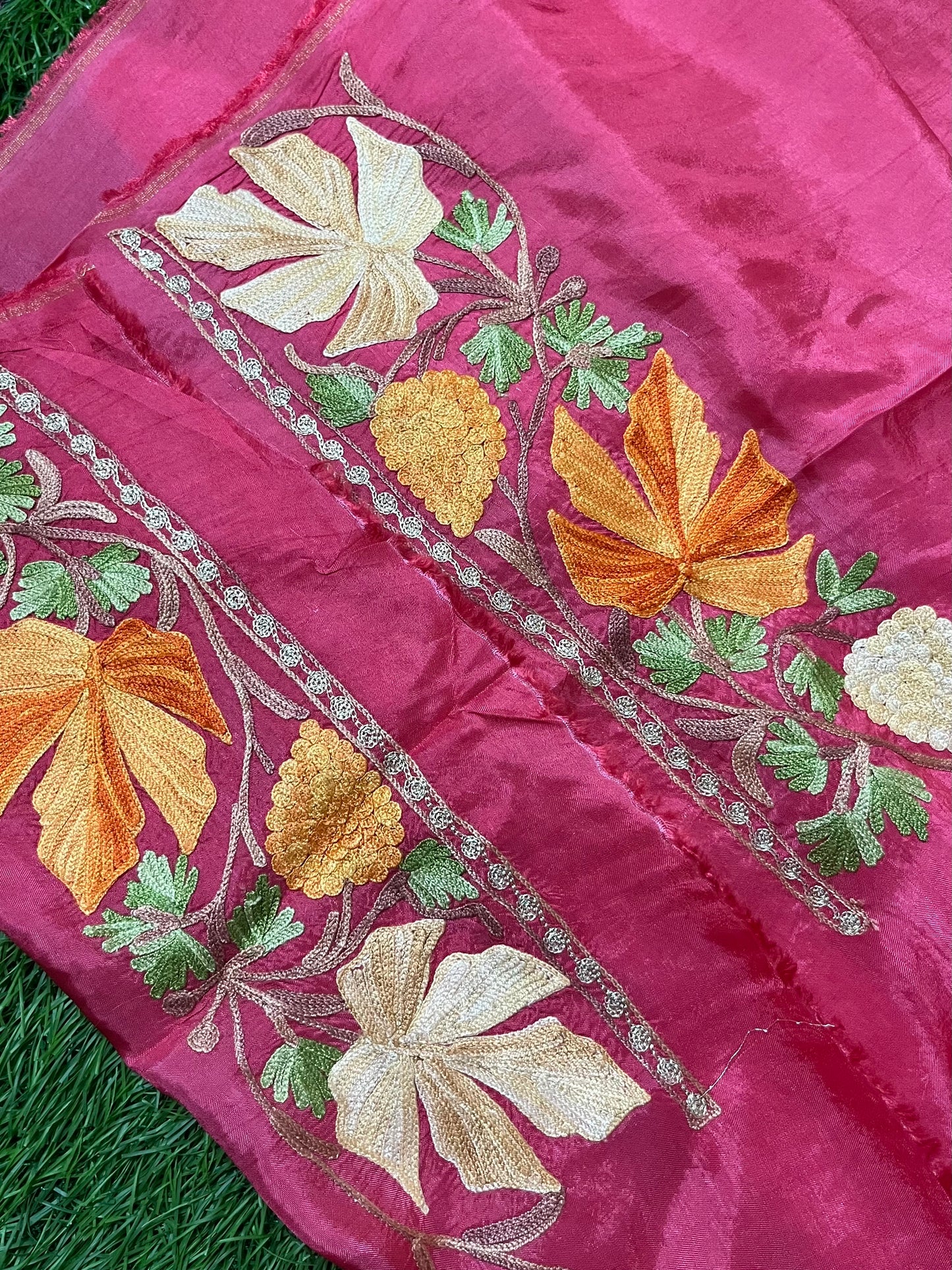 Carrot Pink Opada Silk Aari Embroidered Suit material