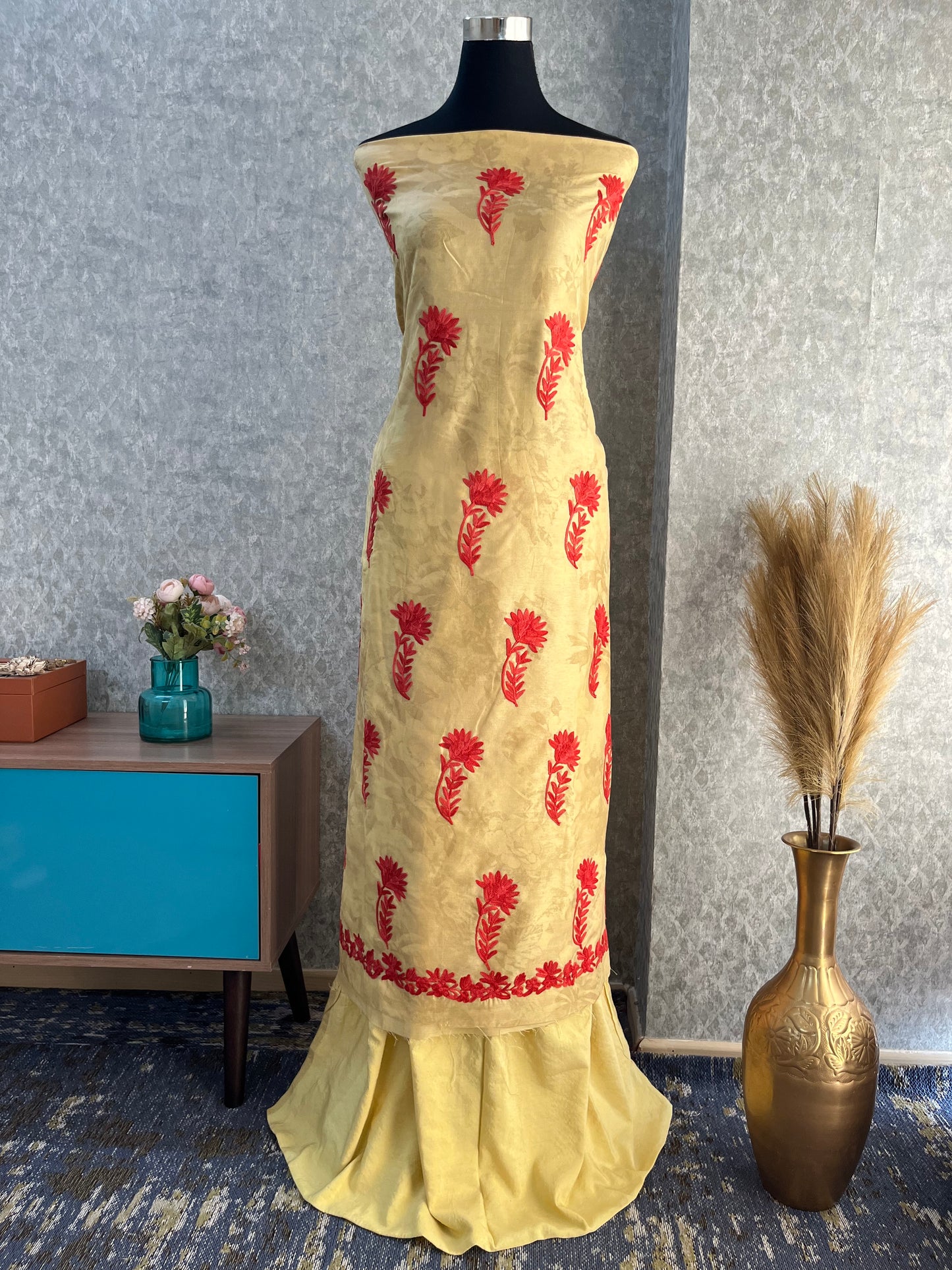 Mustard Gold Self Work Satin Cotton Unstitched Co-ord Set