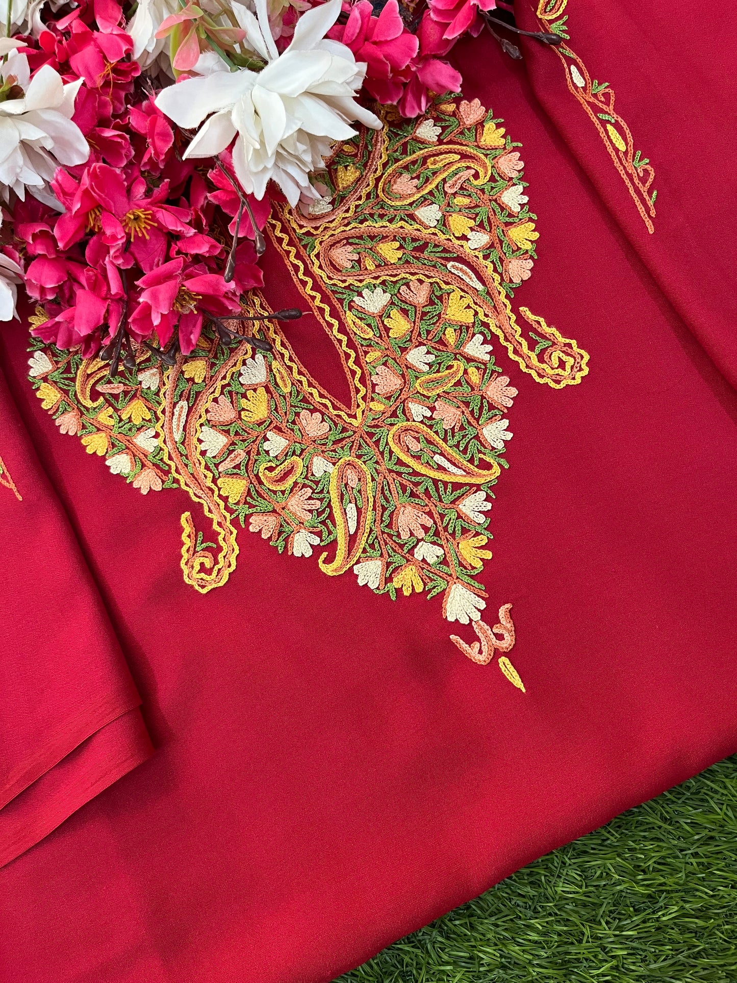 Red Cotton Two Piece Suit (Hand Embroidered)