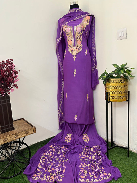 Lilac Muslin Cotton Jaal Sleeves Kashmiri 3pc Suit