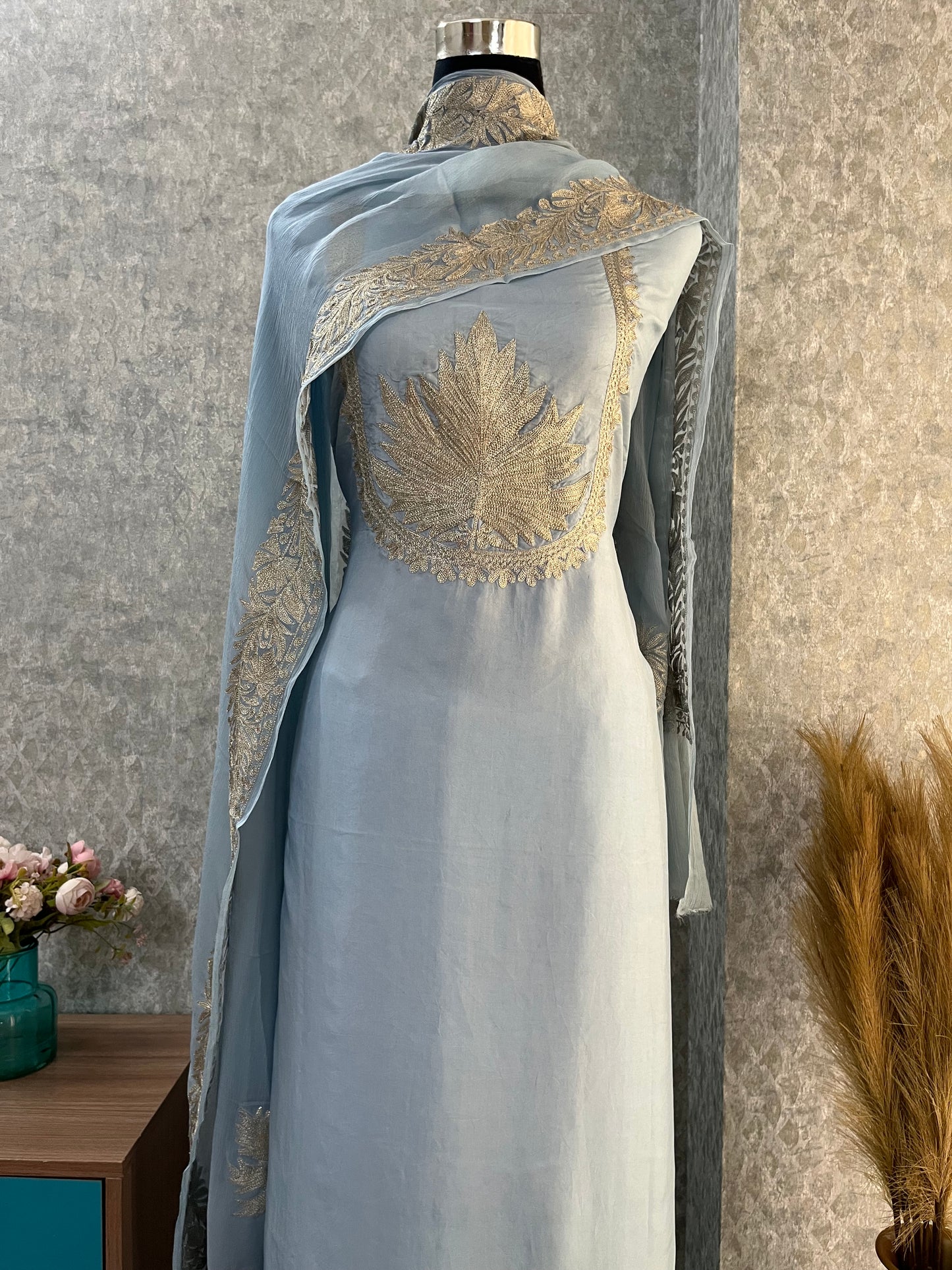 Ice Blue Sanam’ Tilla Kashmiri Silk Suit