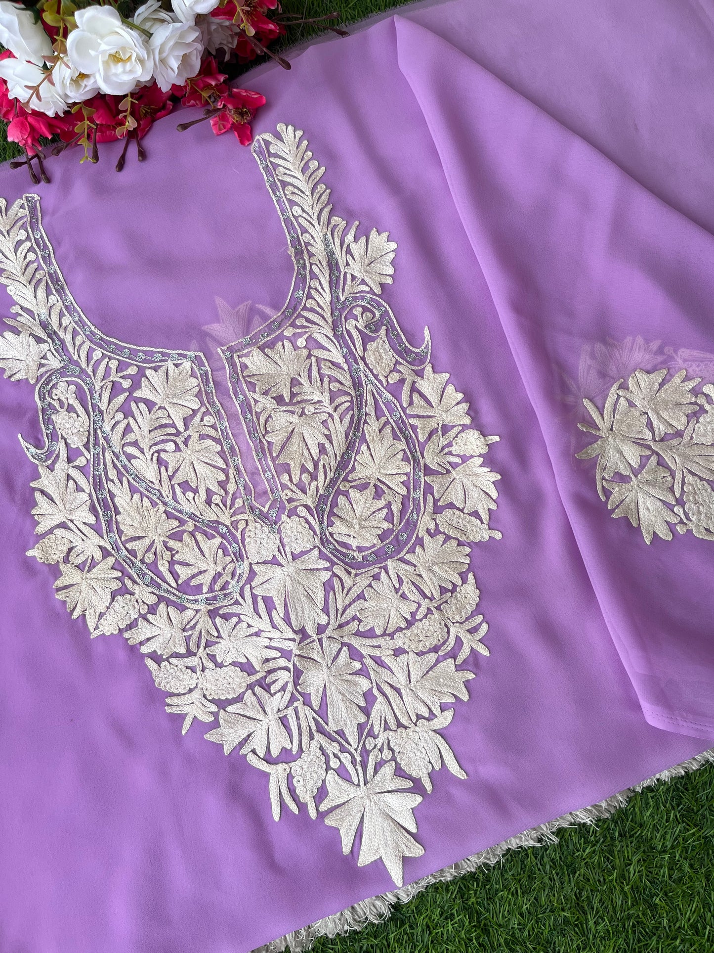 Lilac Georgette Aari Embroidered Unstitched Kurta Material