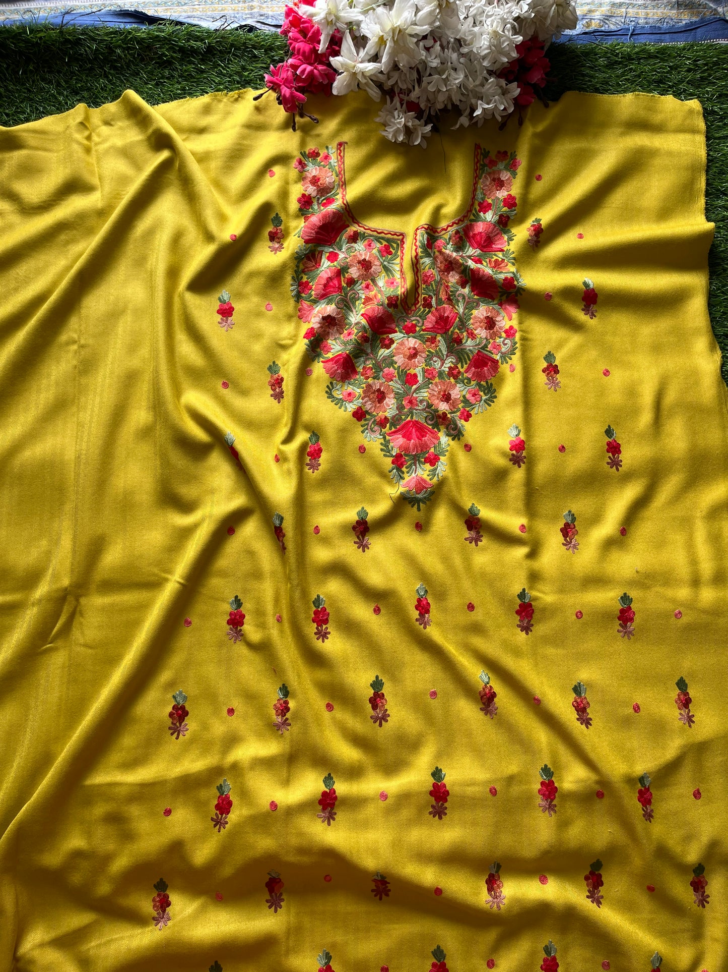 Lemon Green Woollen Aari Embroidered 3pc suit