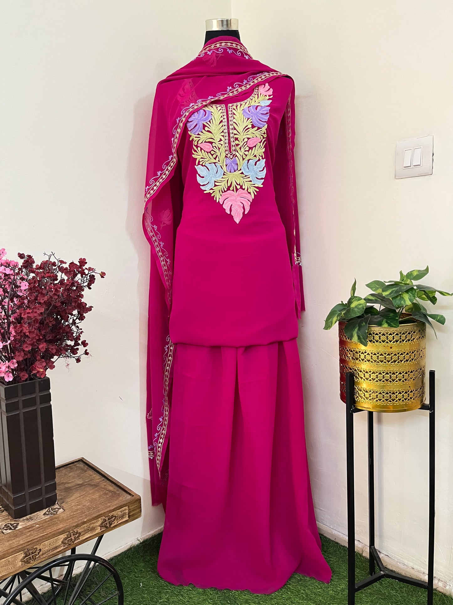 Hot Pink Georgette 3 Pc Aari Embroidered Suit Set