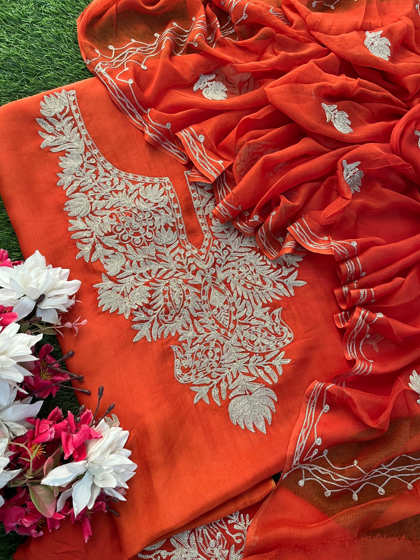 Rust Orange Silk Tilla Kashmiri Suit