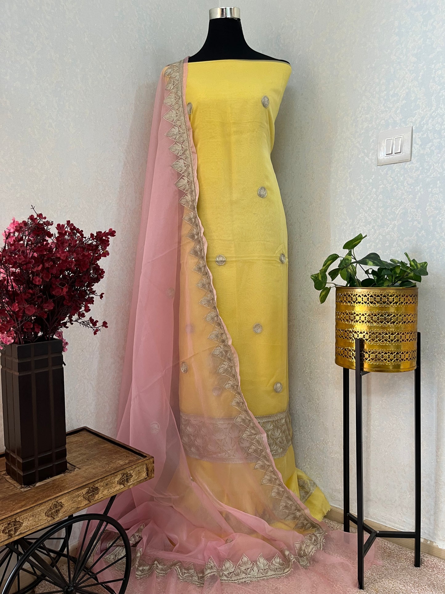 Lemon Yellow Soft Tissue Kashmiri Suit