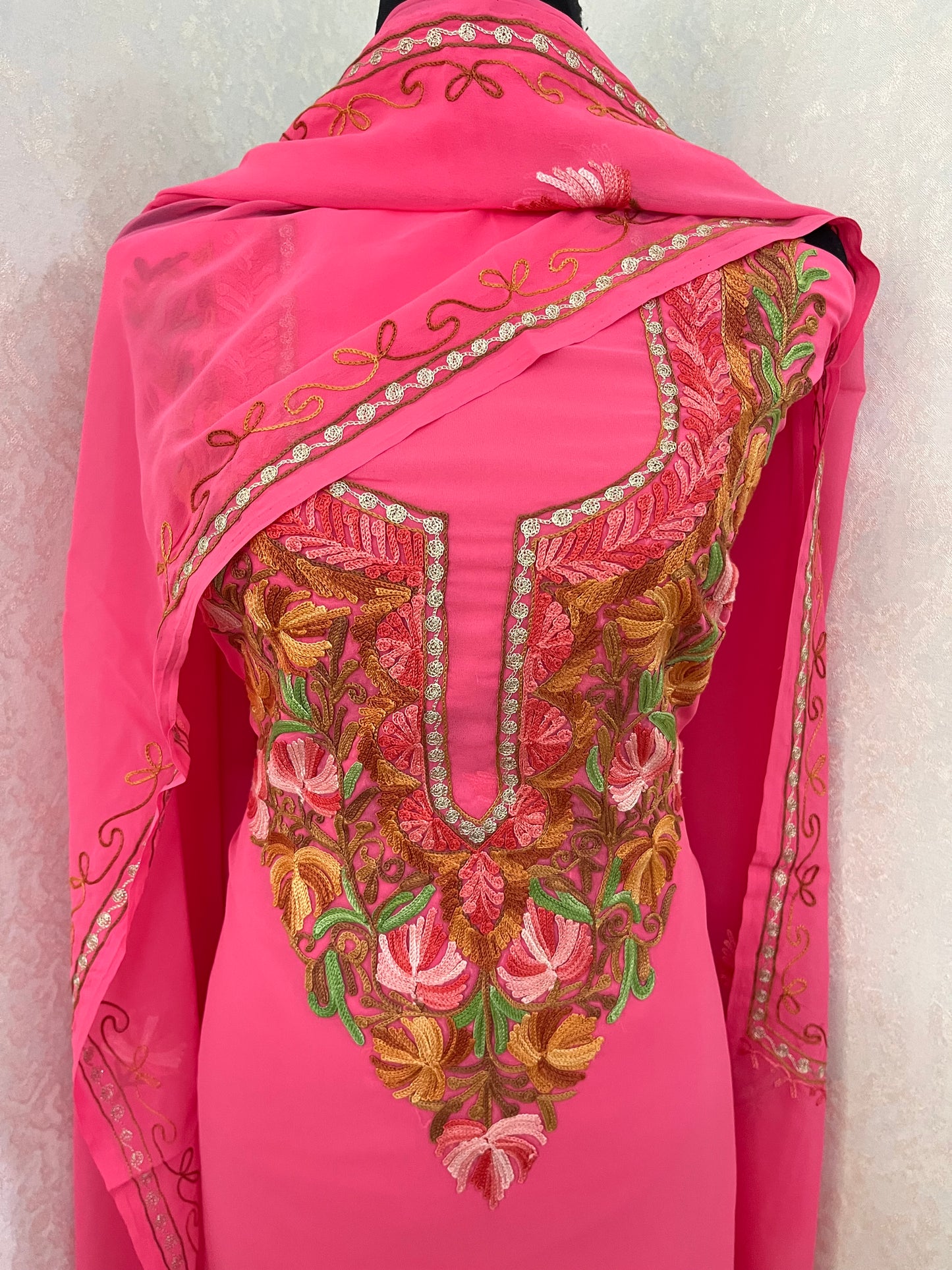 Candy Pink Georgette Shirt and Dupatta Aari Embroidered Suit