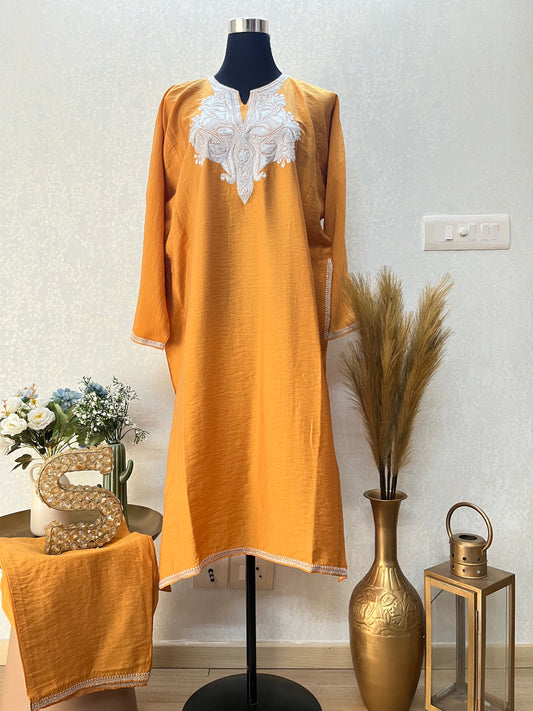 Mustard Cotton Kashmiri Pheran Set (46)
