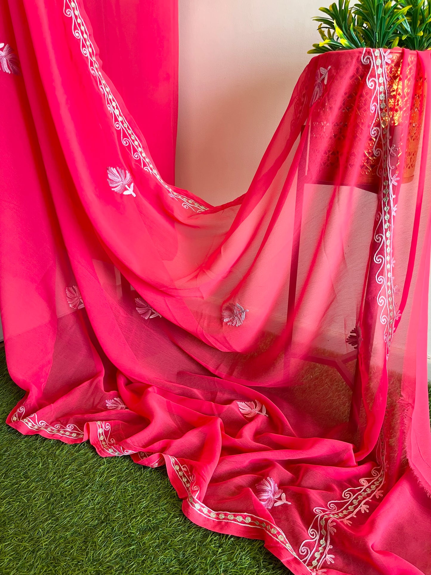 Pink Georgette Shirt and Dupatta Aari Embroidered Suit