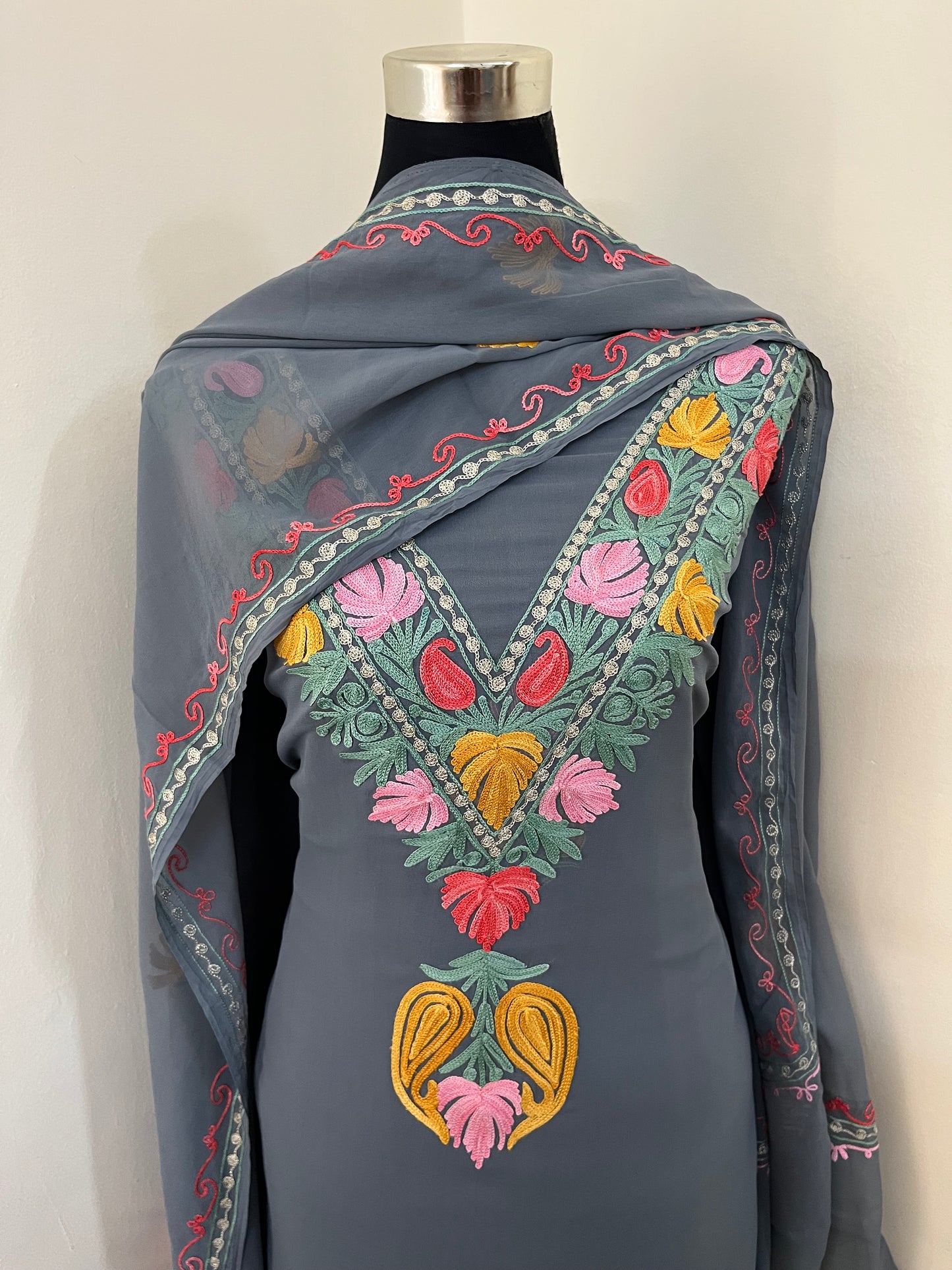 Grey Georgette 3 Pc Aari Embroidered Suit Set