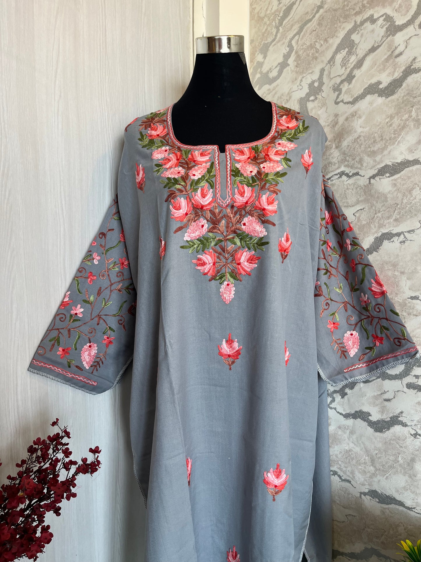 ‘Bageecha’ Blu Grey Cotton Semi Stitched Cream Aari Work Kurti