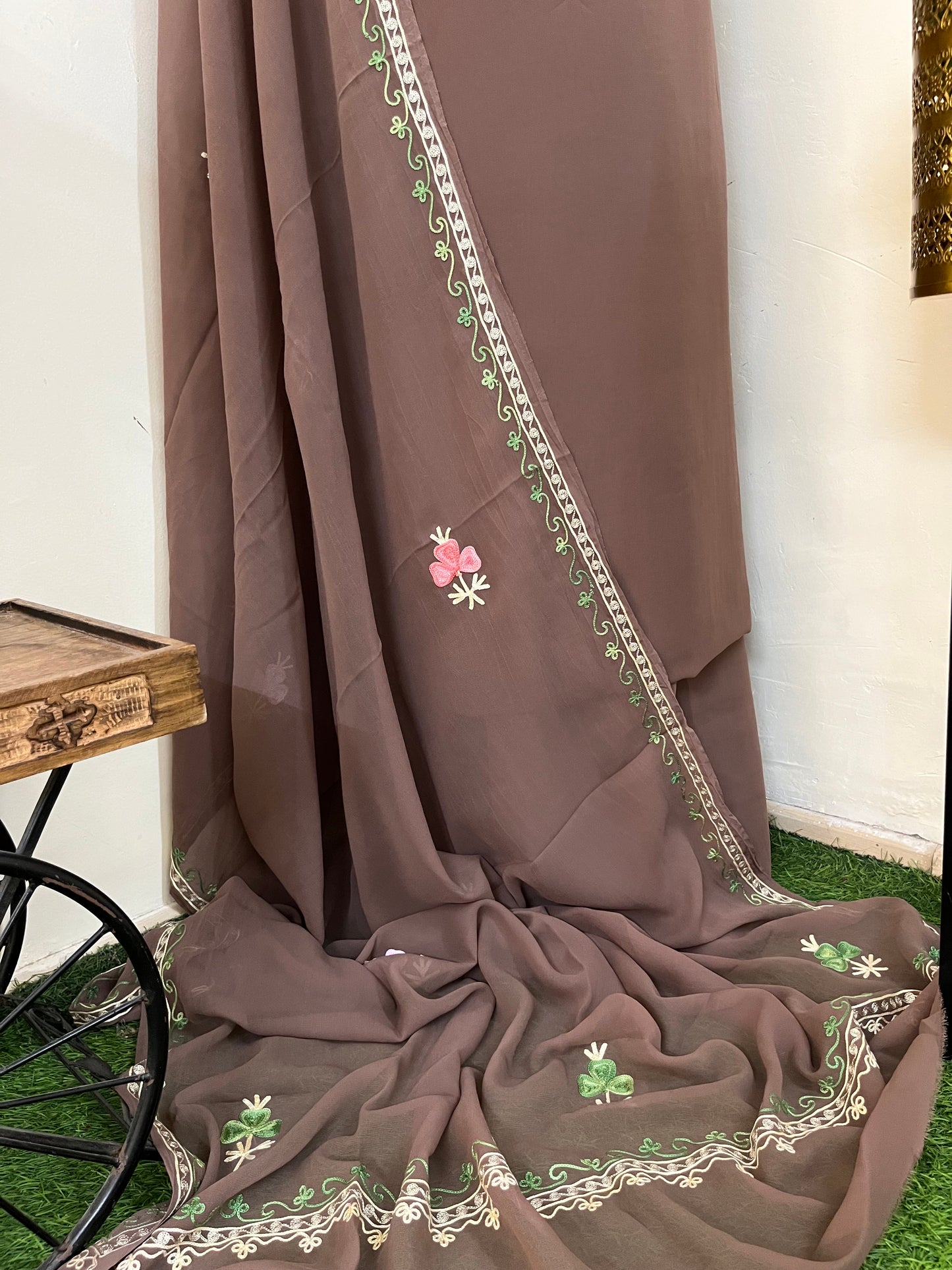 Coffee Brown Georgette 3 Pc Aari Embroidered Suit Set