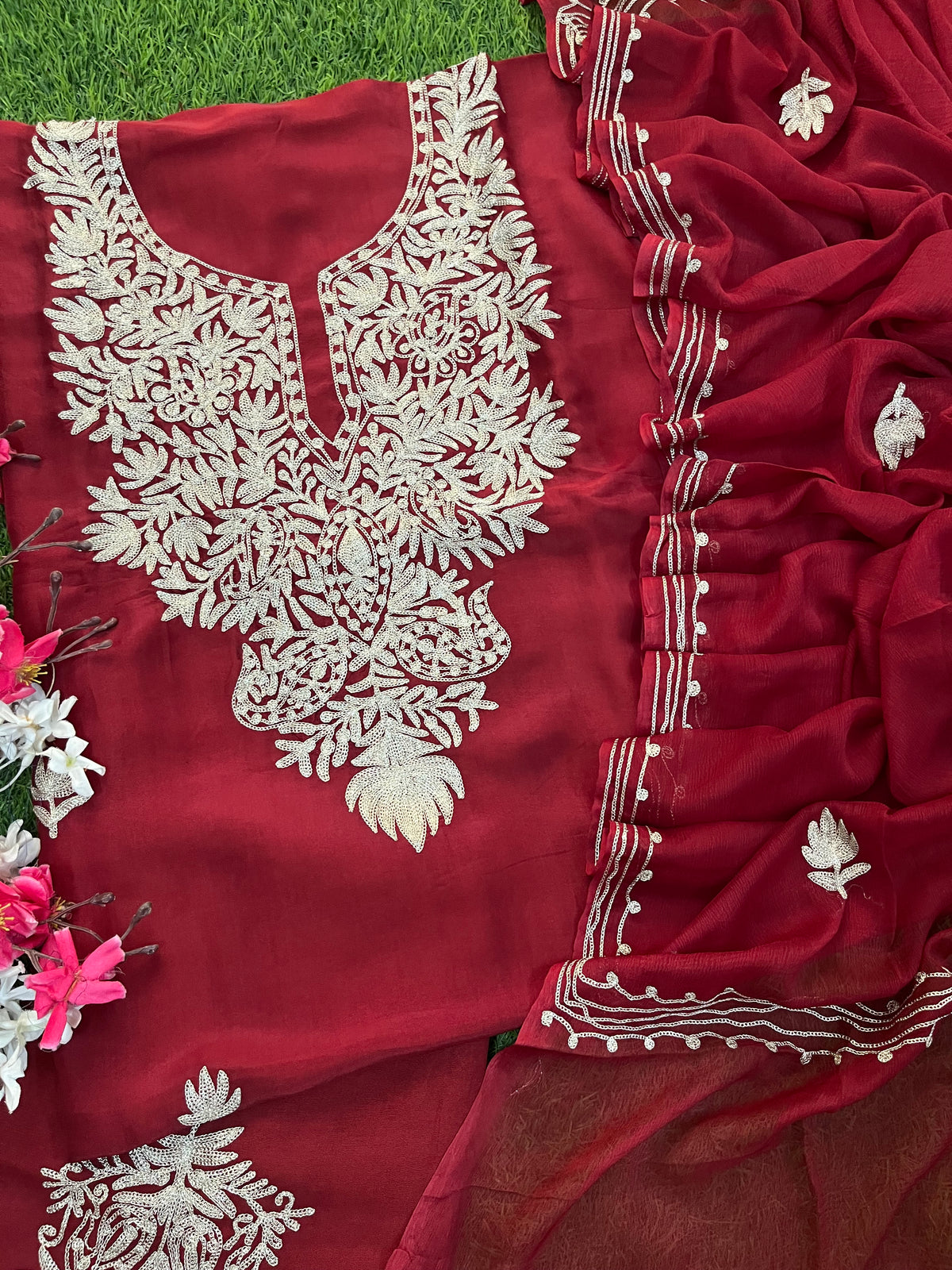 Maroon Silk Tilla Kashmiri Suit