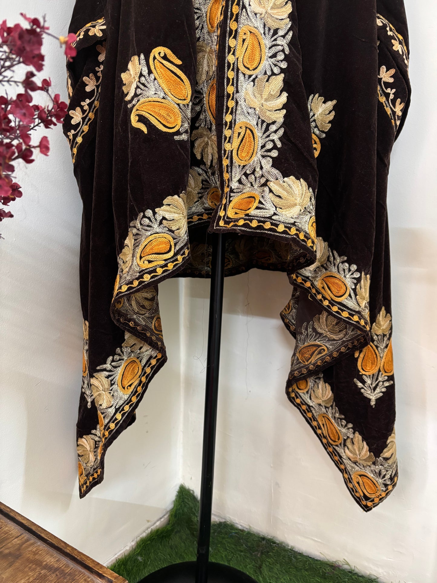 Brown Aari Embroidered Velvet Cape