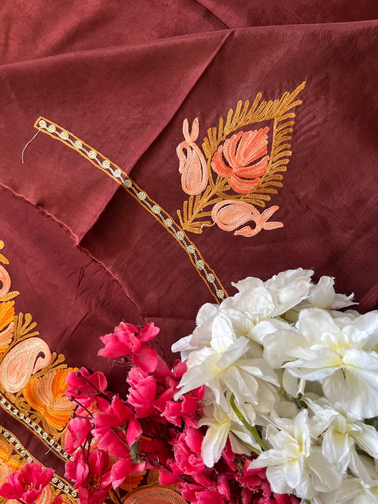 Chocolate Brown Opada Silk Aari Embroidered Suit material